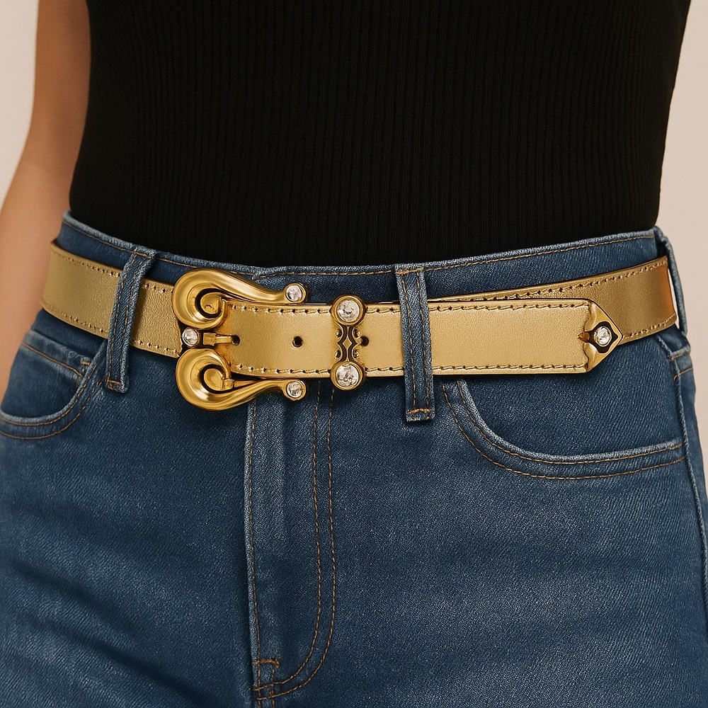 A. BROD Belt Metallic Gold Hardware with Rhinestones 1” Women’s Size Medium EUC